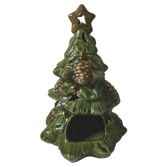 Vintage Porcelain Green Christmas Tree Tee Light Candle Holder Holiday Decor - Picture 1 of 6